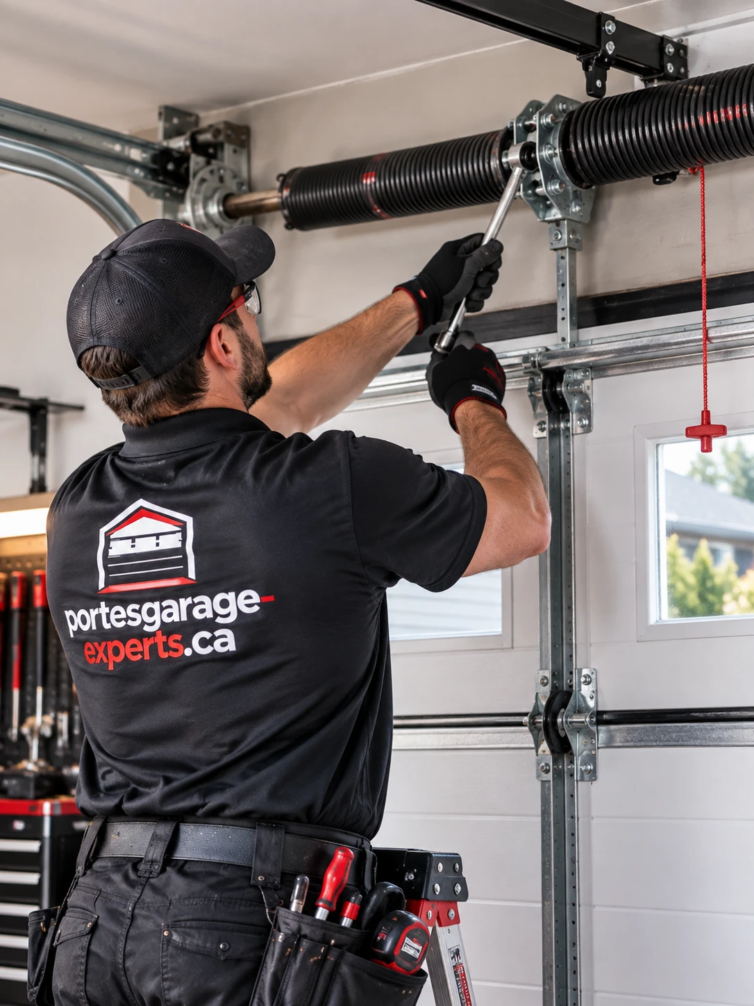 Technicien ajustant les ressorts de torsion d'une porte de garage