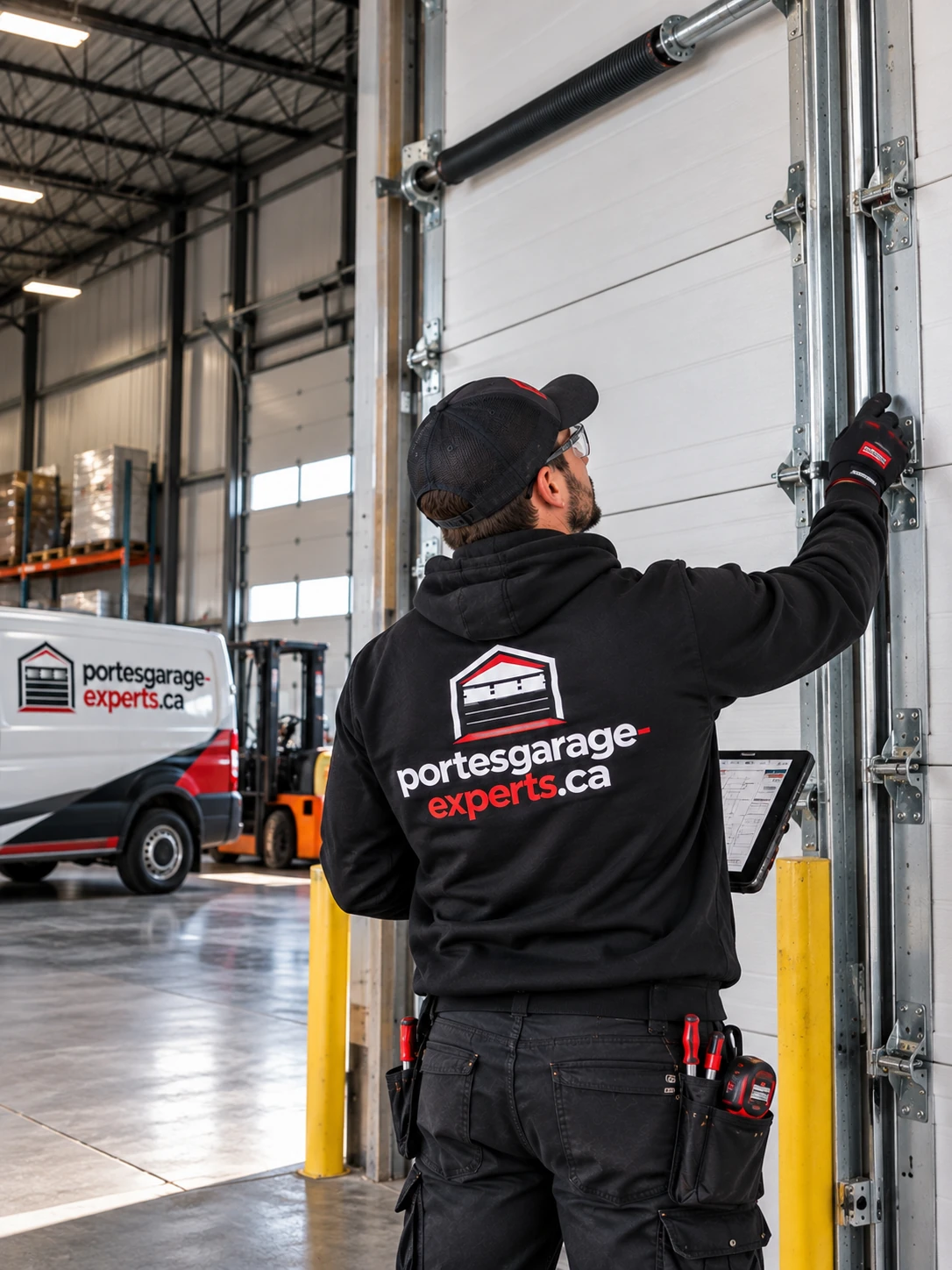 Technicien inspectant une porte de garage industrielle dans un entrepôt